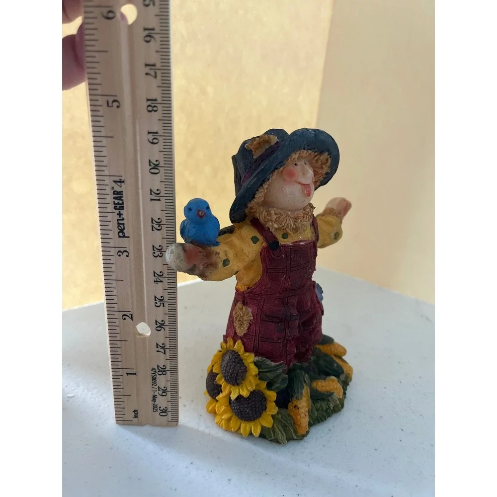 Harvest Scarecrow Figurine Fall Autumn Decor Sunflower Corn Blue Bird 4.5 Inch